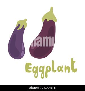 Fresh Eggplant vegetable isolated icon. Eggplant for farm market, vegetarian salad recipe design. Vector illustration in flat style with text. Stock Vector