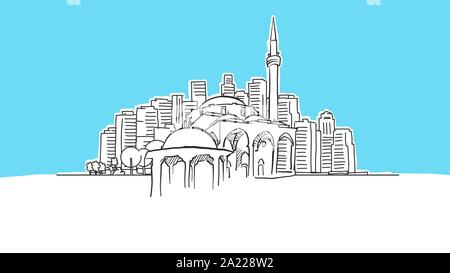 Historic Mosque Lineart Vector Sketch. and Drawn Illustration on blue background. Stock Vector