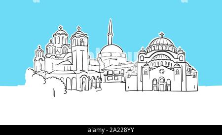 Belgrade Serbia Lineart Vector Sketch. and Drawn Illustration on blue background. Stock Vector
