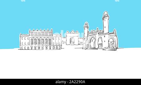 Baku Azerbaijan Lineart Vector Sketch. and Drawn Illustration on blue background. Stock Vector