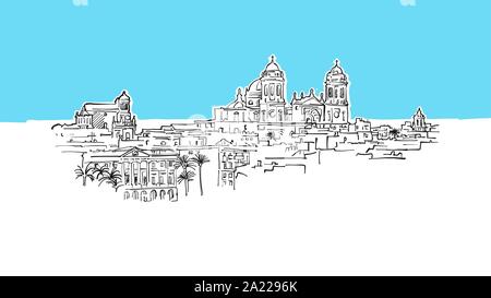Cadiz, Portugal Lineart Vector Sketch. and Drawn Illustration on blue background. Stock Vector