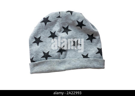Grey gray beanie boy's hat with stars on isolated on white background Stock Photo