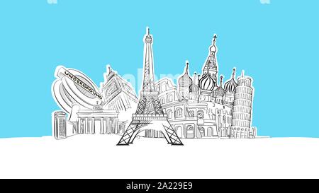 Europe Landmarks Lineart Vector Sketch. and Drawn Illustration on blue background. Stock Vector