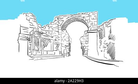 Vespasian Gate, Side Turkey Lineart Vector Sketch. and Drawn Illustration on blue background. Stock Vector