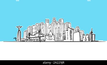 Lisbon, Portugal Lineart Vector Sketch. and Drawn Illustration on blue background. Stock Vector