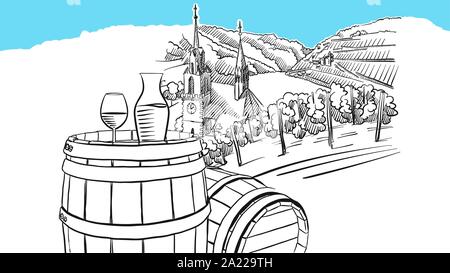 Wine On Barrel In Front Of Vineyard Lineart Vector Sketch. and Drawn Illustration on blue background. Stock Vector