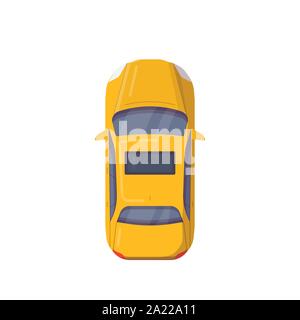 Top view of modern car. Flat style vector illustration. Modern vehicle banner. New motor car from above view. Sedan auto with sunroof in yellow color. Stock Vector