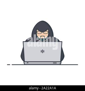 Computer hacker or programmer in hoodie with laptop. Man with glasses typing on computer. Internet security line style vector. Hacker person with lapt Stock Vector