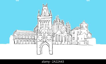 Prague Czech Republic Lineart Vector Sketch. and Drawn Illustration on blue background. Stock Vector
