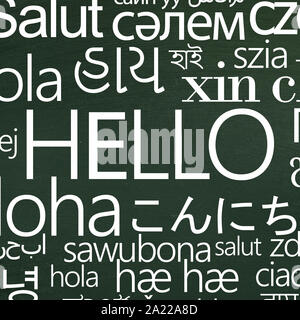 International greeting. Word Hello in different languages for school advertisement on green background Stock Photo