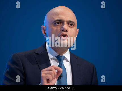 Manchester, UK. 30th Sep, 2019. Sajid Javid, Chancellor of the Exchequer and MP for Bromsgrove speaks at day two of the Conservative Party Conference in Manchester. Credit: Russell Hart/Alamy Live News Stock Photo