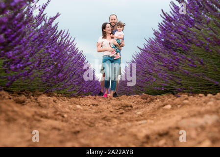 Happy family walking among lavender fields in the summer Stock Photo