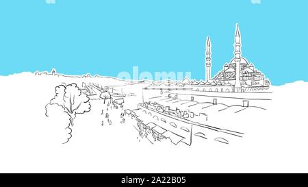 Istanbul Skyline Panorama Lineart Vector Sketch. and Drawn Illustration on blue background. Stock Vector