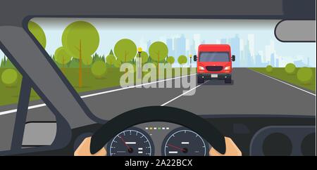Danger on the road. Danferous incident on the highway. Inside car view. Modern car interior with steering wheel and hands. Big truck on lane. Highway Stock Vector