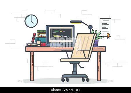Home office freelancer concept. Designer or programmer workspace vector illustration. Programming and coding laptop for work at home. Developer modern Stock Vector