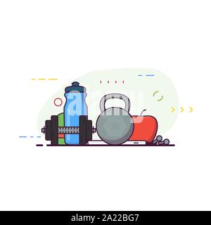 Gym banner line style. Barbell, water bottle with fruit and phone with music. Line style vector illustration. Fitness and training banner. Healthy lif Stock Vector