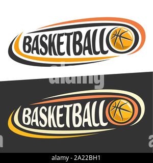 Vector logos for Basketball sport, flying ball and handwritten word - basketball on black, curved lines around original typography for text - basketba Stock Vector