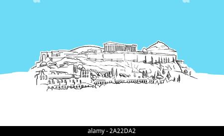 Athens Acropolis Landmark Lineart Vector Sketch. and Drawn Illustration on blue background. Stock Vector