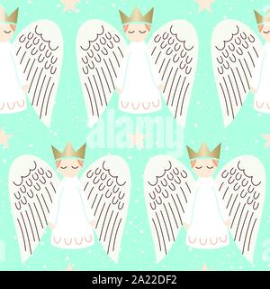 Cute Christmas Holiday Scandinavian Style Angels, Snowflakes and Stars on Aqua Background Vector Seamless Pattern. Minimal Nordic Festive Advent Home Stock Vector