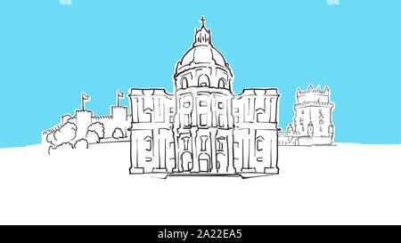 Lisbon Portugal Lineart Vector Sketch. and Drawn Illustration on blue background. Stock Vector