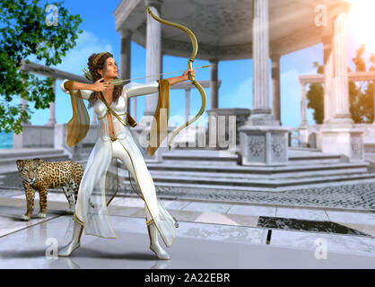 Artemis, enchanting Ancient Greek goddess of the hunt, in shooting pose with bow and arrow, 3d render painting Stock Photo