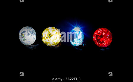 Group beautiful diamond at blue red yellow and clear on isolated black background Stock Photo