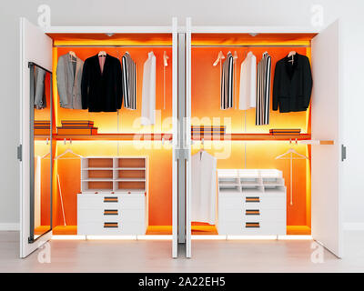 modern white orange wooden and metal wardrobe with men clothes hanging on rail in walk in closet design interior, 3d rendering Stock Photo