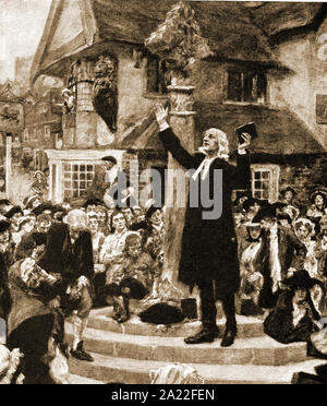 1930's image -John Wesley (1703-1791) preaching from a village market cross Stock Photo