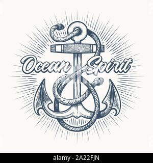 Nautical Anchor with rope and wording Ocean Spirit. Hand Drawn Sketch in Tattoo style.Vector illustration Stock Vector