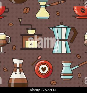 Coffee Pattern with Cups Grinder and Pots Stock Vector
