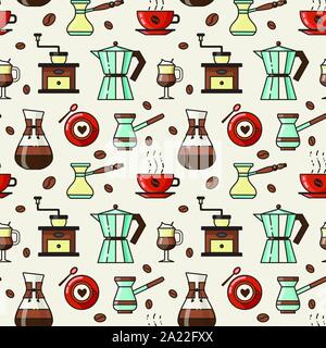 Coffee Pattern with Cups Grinder and Pots Stock Vector
