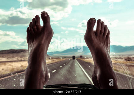 Feet on the dash - road trip Utah in an RV Stock Photo