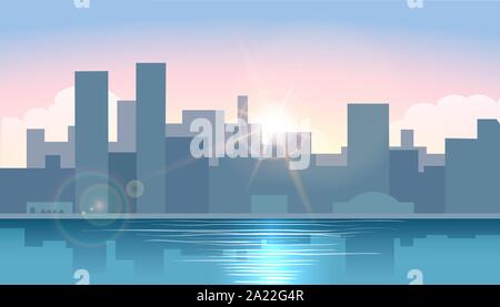 Early Morning cityscape. Sunrise in town on a water. Morning Urban cityscape. Vector illustration Stock Vector
