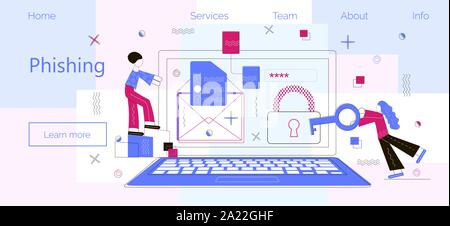 Phising via email concept. Hacker stealing data vector template background. Tiny cyber thieves attack Internet, Stock Vector