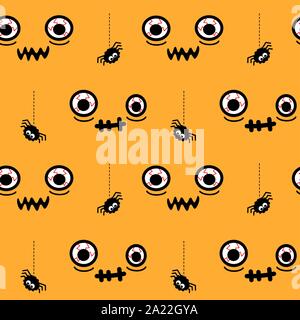 cute cartoon vector halloween seamless pattern illustration with hand drawn doodle creepy eyes and spider on orange background orange Stock Vector