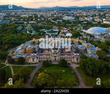 Szechenyi thermal bath in the city park, Budapest, Hungary with Castle of Vajdahunyad and forest Stock Photo