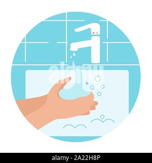 Vector illustrations about washing, hygiene, health care. Faucet in the bathroom with pouring water, soap and hands. Design template, icon. Stock Vector