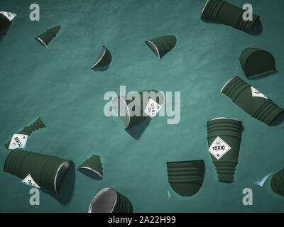 containers full of toxic waste float in the sea. concept of environmental disaster. 3d render image Stock Photo