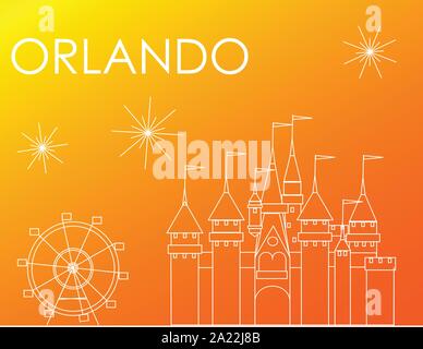 Orlando Atractions white line on colorful background, Line Art. Stock Vector