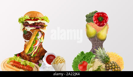 Unhealthy food vs healthy food collage concept. Silhouettes of man and woman made with various products on white background, panorama Stock Photo