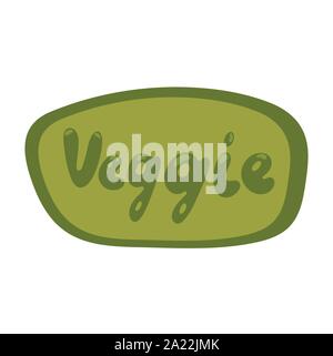 Veggie text on an oval speech bubble. Green colors. Vector veggie sticker. Veggie product label. Template for ads, signboards, packaging and identity Stock Vector