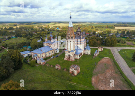 Ancient churches of Parskoye village in the September landscape (aerial photography). Ivanovo region, Russia Stock Photo