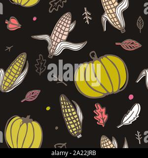 Thanksgiving day seamless pattern with corn cobs, pumpkins, and autumn leaves. Doodle vector ornament on black background Stock Vector