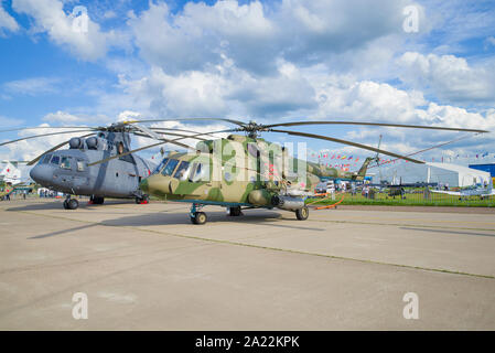 ZHUKOVSKY, RUSSIA - JULY 20, 2017: Two Russian Mi-26 and Mi-8MT helicopters on MAKS-2017 air show Stock Photo