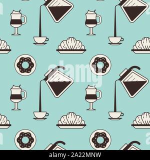 Coffee Pattern with Cups Pots and Pastry Stock Vector