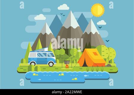 Mountain RV Camping Landscape in Flat Design Stock Vector