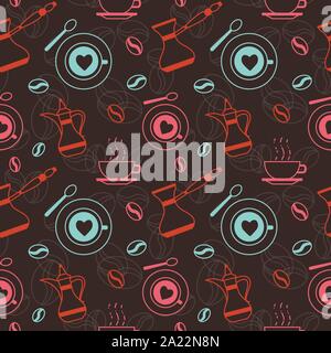 Coffee Pattern with Cups Beans and Pots Stock Vector