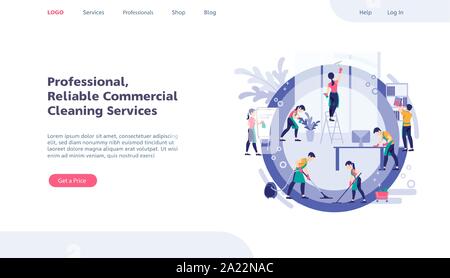 Web page design template. Cleaning service modern flat vector illustration concepts for website. Team of cleaning service working at office. Stock Vector