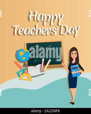 Happy Teacher's day in the beach tone concept - teacher with pointer and globe chalkboard pencils book ruler semi circle and triangular protractor - P Stock Vector