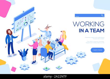 Flat isometric people team concept vector illustration isolated on white background. Use for web banner, hero images, infographics. Stock Vector